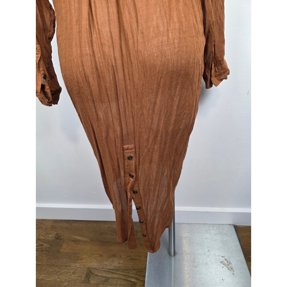 Free People Rust Brown Rayon Wool Button Front Crinkle Shirt Dress Women's Small - Picture 6 of 8